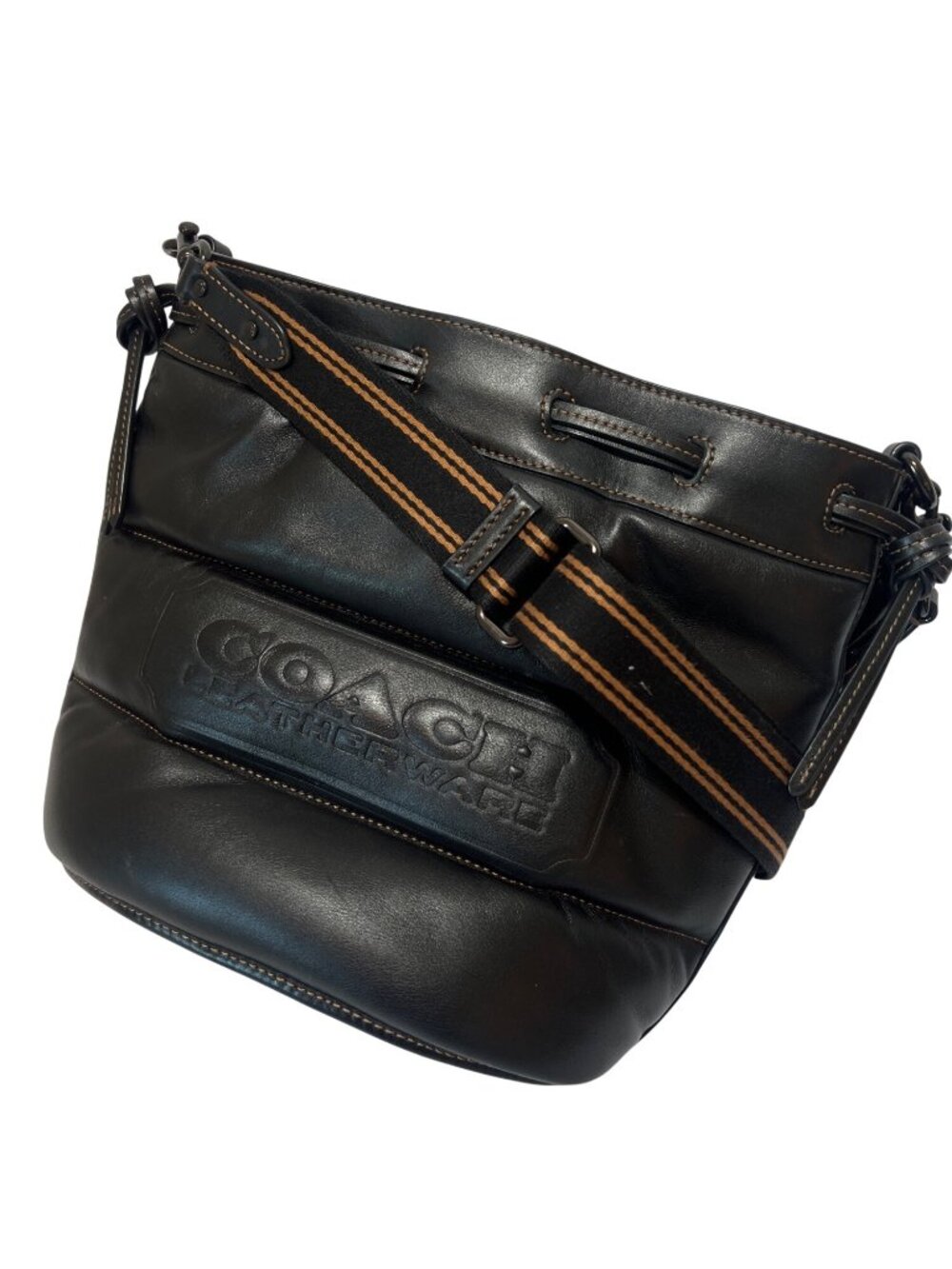 Coach Rare Black Leather Field Buckegt Bag with Quilting and Coach Badge J2177-C